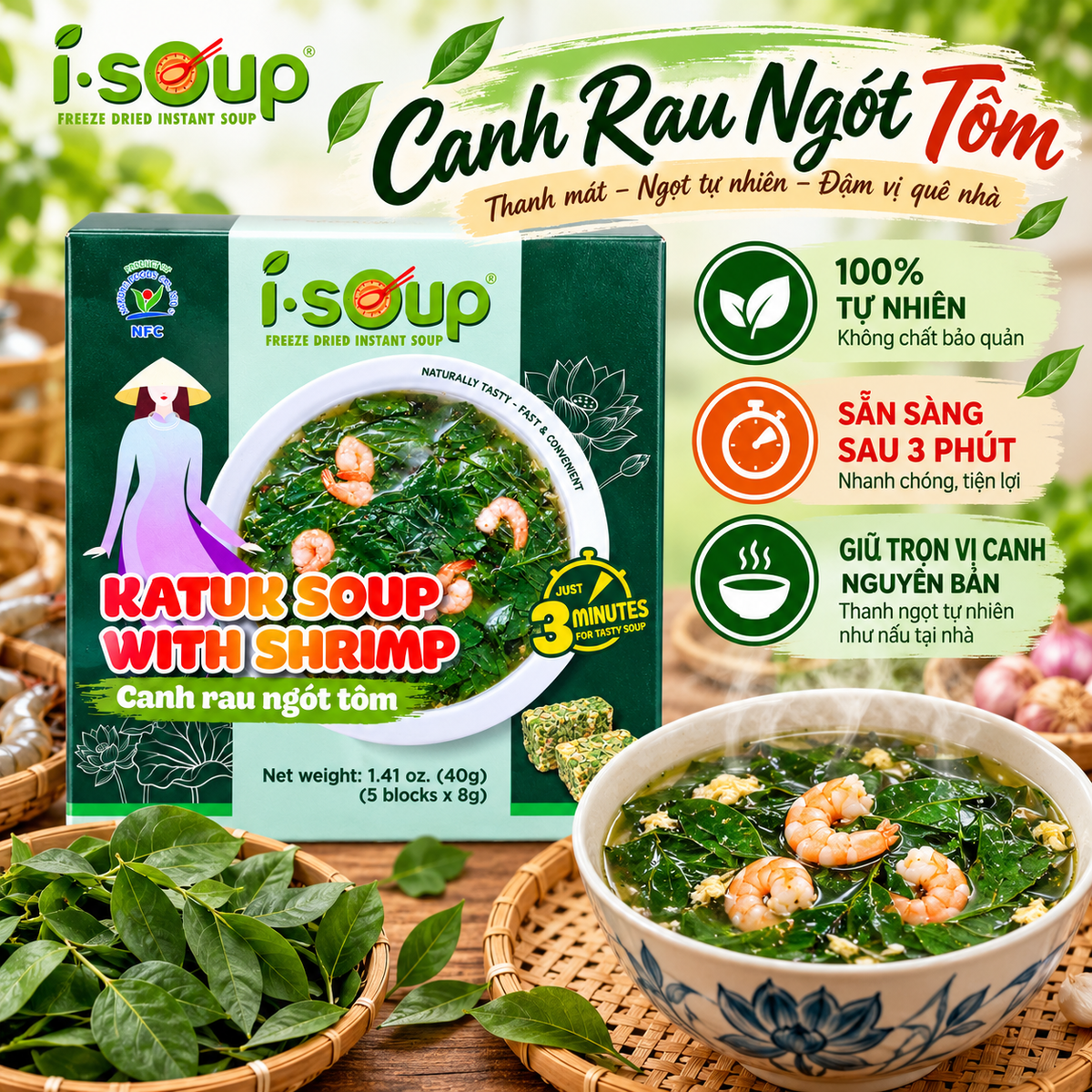I.SOUP Canh Rau Ngót Tôm | Freeze-Dried Katuk Soup with Shrimp 40g