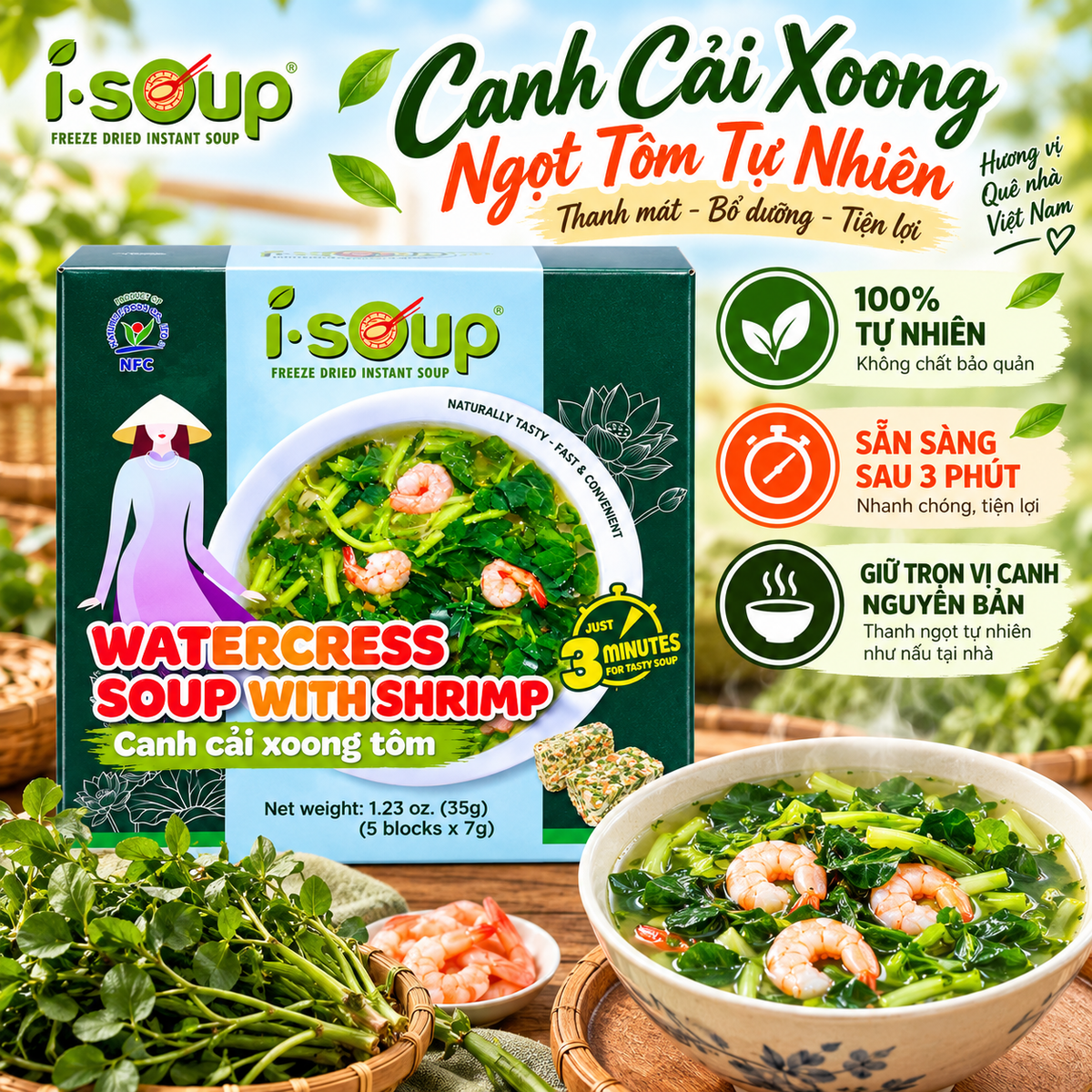 I.SOUP Canh Cải Xoong Tôm | Freeze-Dried Watercress Soup with Shrimp 35g