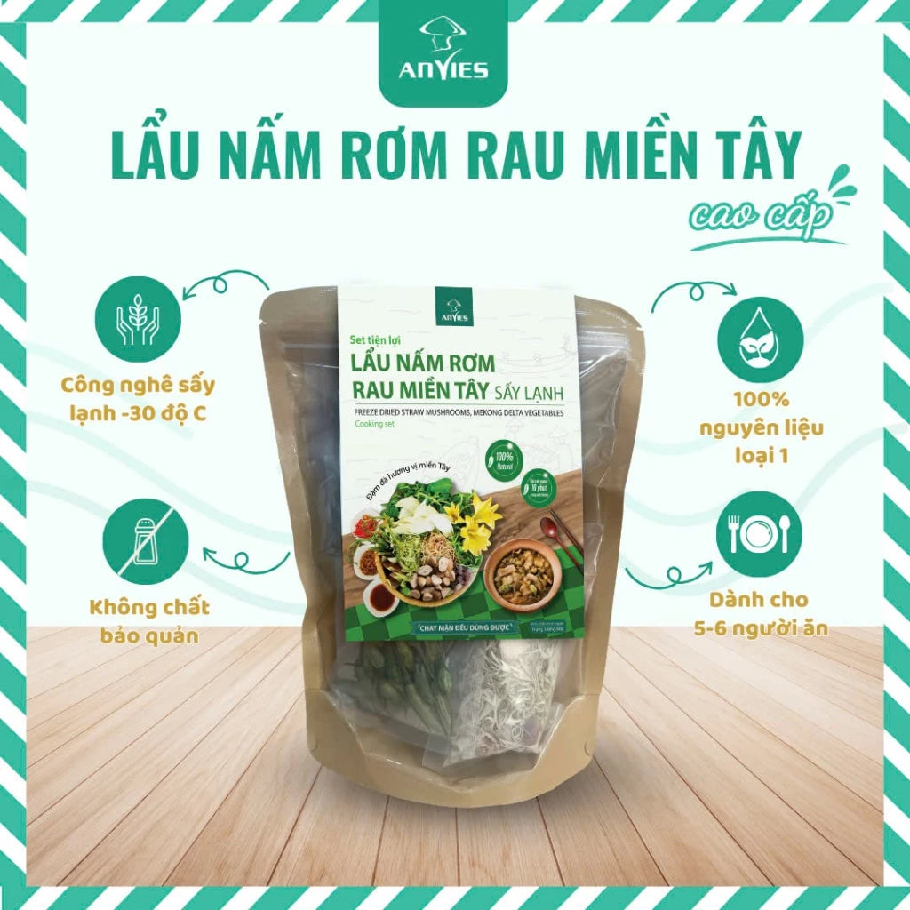 Set Lẩu Nấm Rơm Rau Miền Tây | Freeze Dried Straw Mushroom, Mekong Delta Vegetables Cooking Set 150g