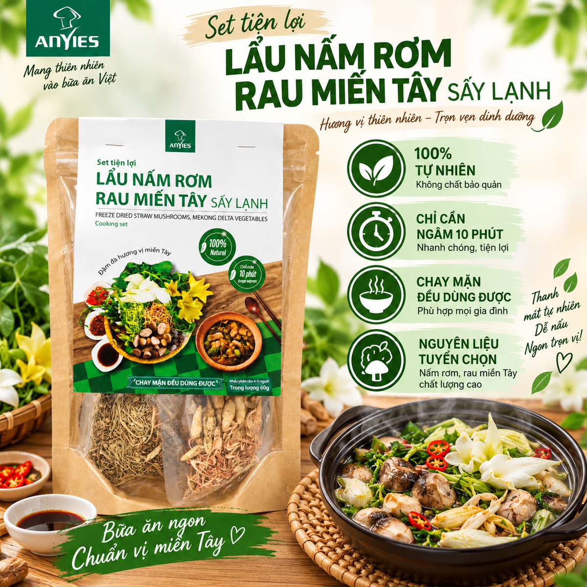 Set Lẩu Nấm Rơm Rau Miền Tây | Freeze Dried Straw Mushroom, Mekong Delta Vegetables Cooking Set 150g