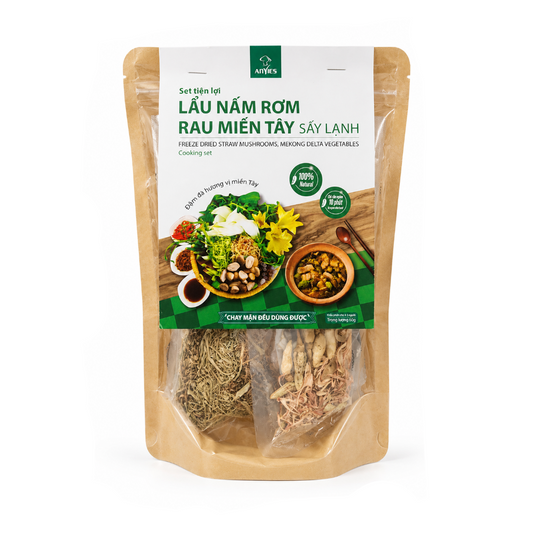 Set Lẩu Nấm Rơm Rau Miền Tây | Freeze Dried Straw Mushroom, Mekong Delta Vegetables Cooking Set 150g