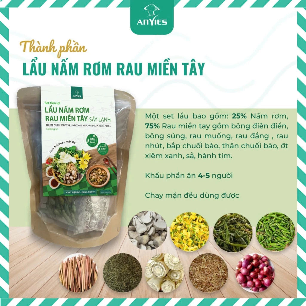 Set Lẩu Nấm Rơm Rau Miền Tây | Freeze Dried Straw Mushroom, Mekong Delta Vegetables Cooking Set 150g