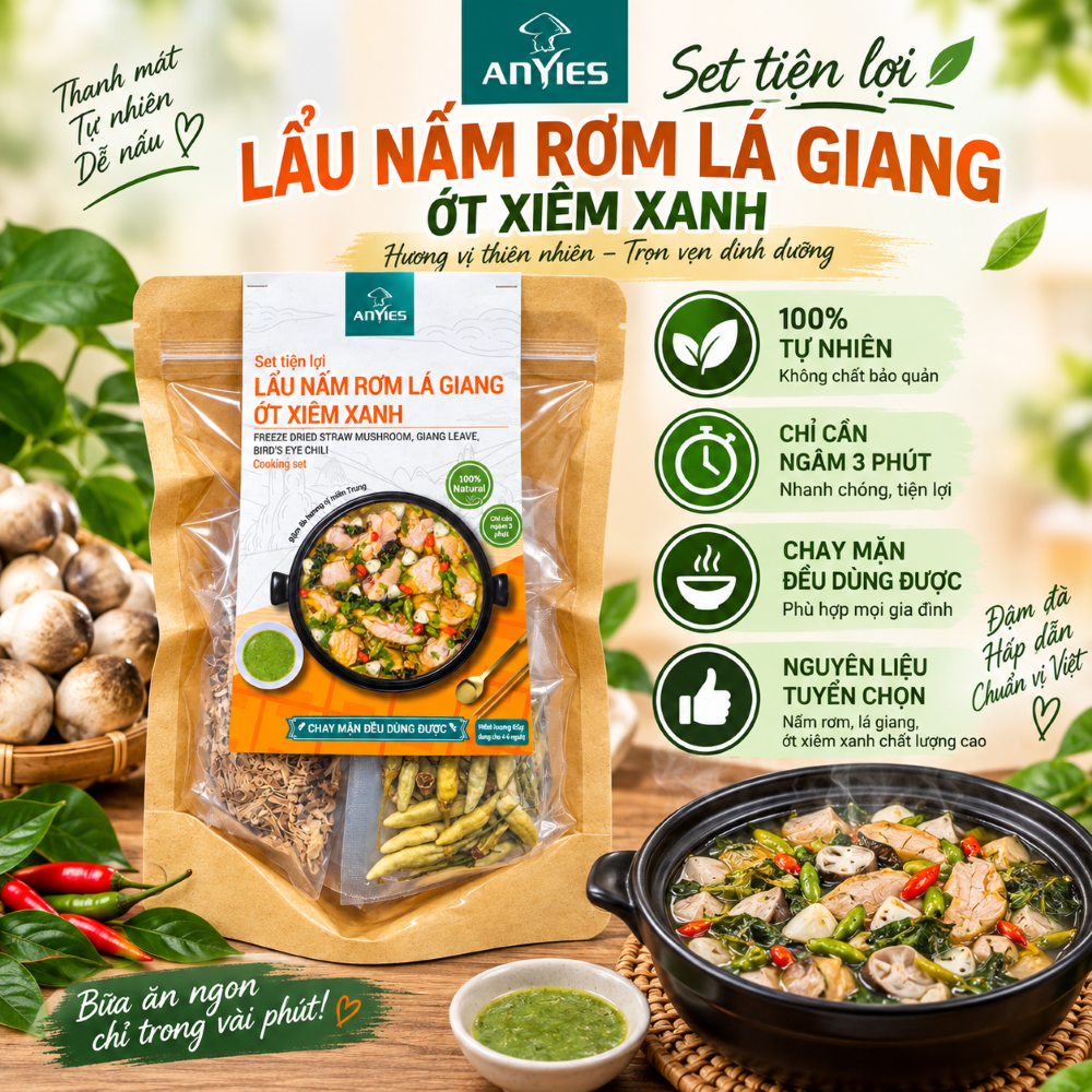 Set Lẩu Nấm Rơm Lá Giang Ớt Xiêm Xanh | Freeze Dried Straw Mushroom, Giang Leave and Bird's Eye Chili Cooking Set 65g