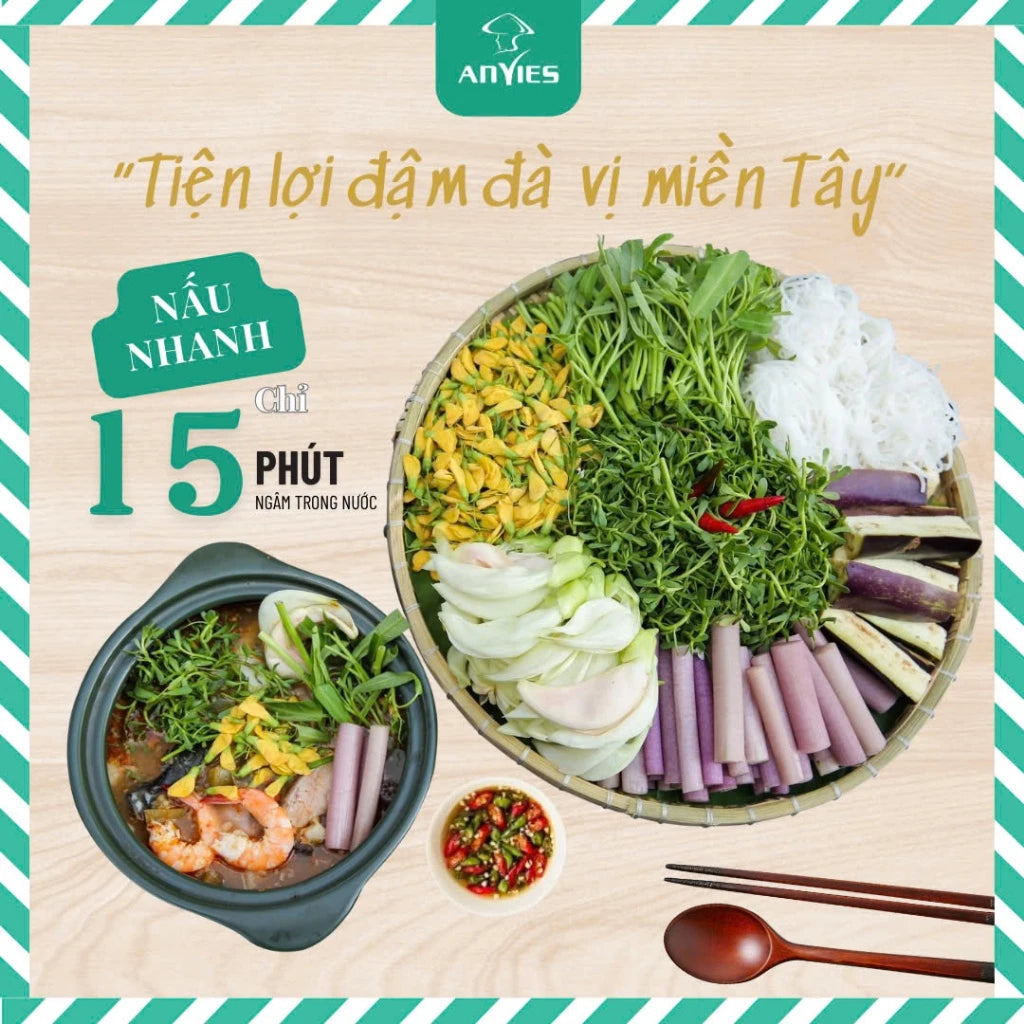 Set Lẩu Nấm Rơm Rau Miền Tây | Freeze Dried Straw Mushroom, Mekong Delta Vegetables Cooking Set 150g