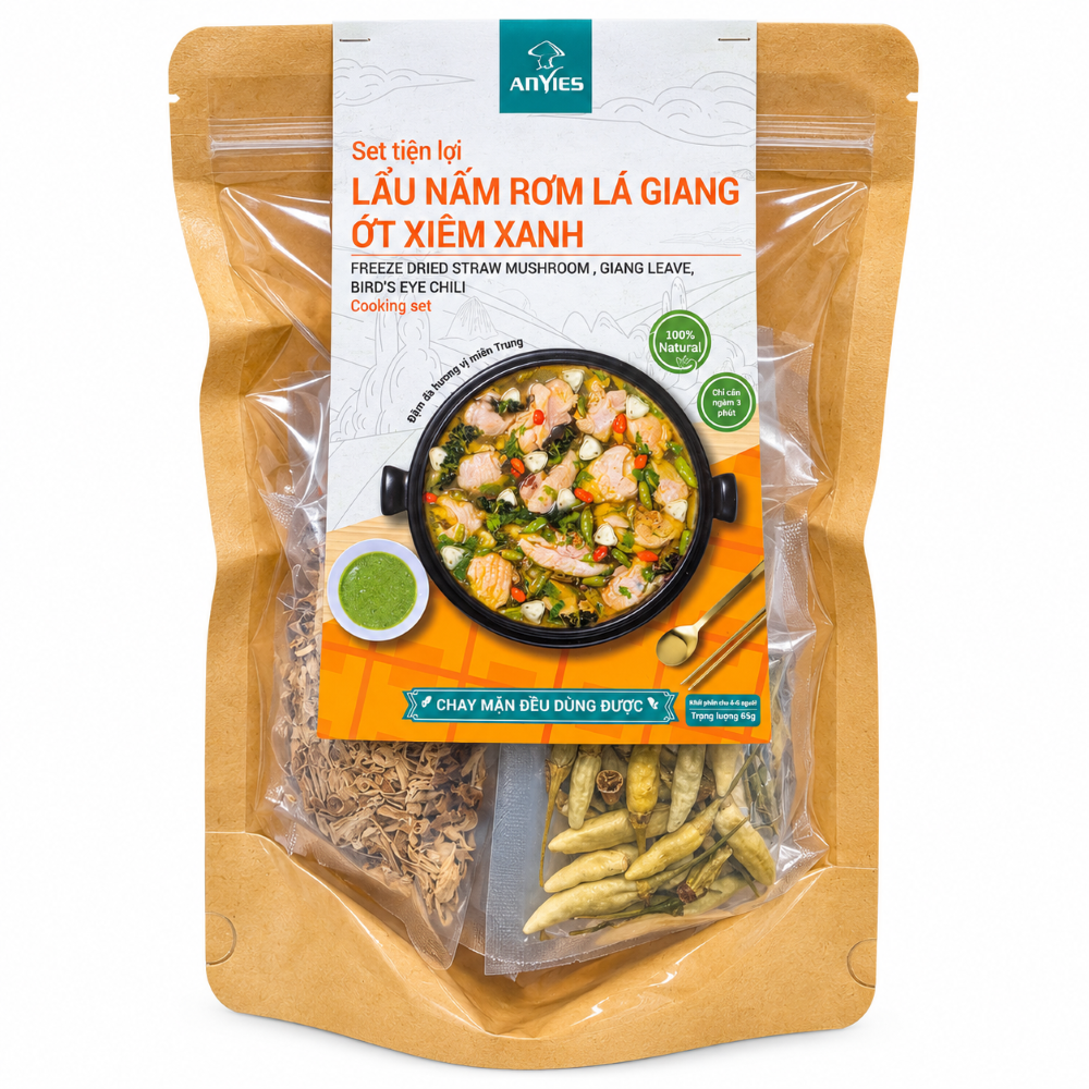 Set Lẩu Nấm Rơm Lá Giang Ớt Xiêm Xanh | Freeze Dried Straw Mushroom, Giang Leave and Bird's Eye Chili Cooking Set 65g