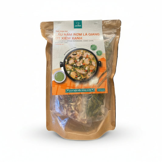 Set Lẩu Nấm Rơm Lá Giang Ớt Xiêm Xanh | Freeze Dried Straw Mushroom, Giang Leave and Bird's Eye Chili Cooking Set 65g