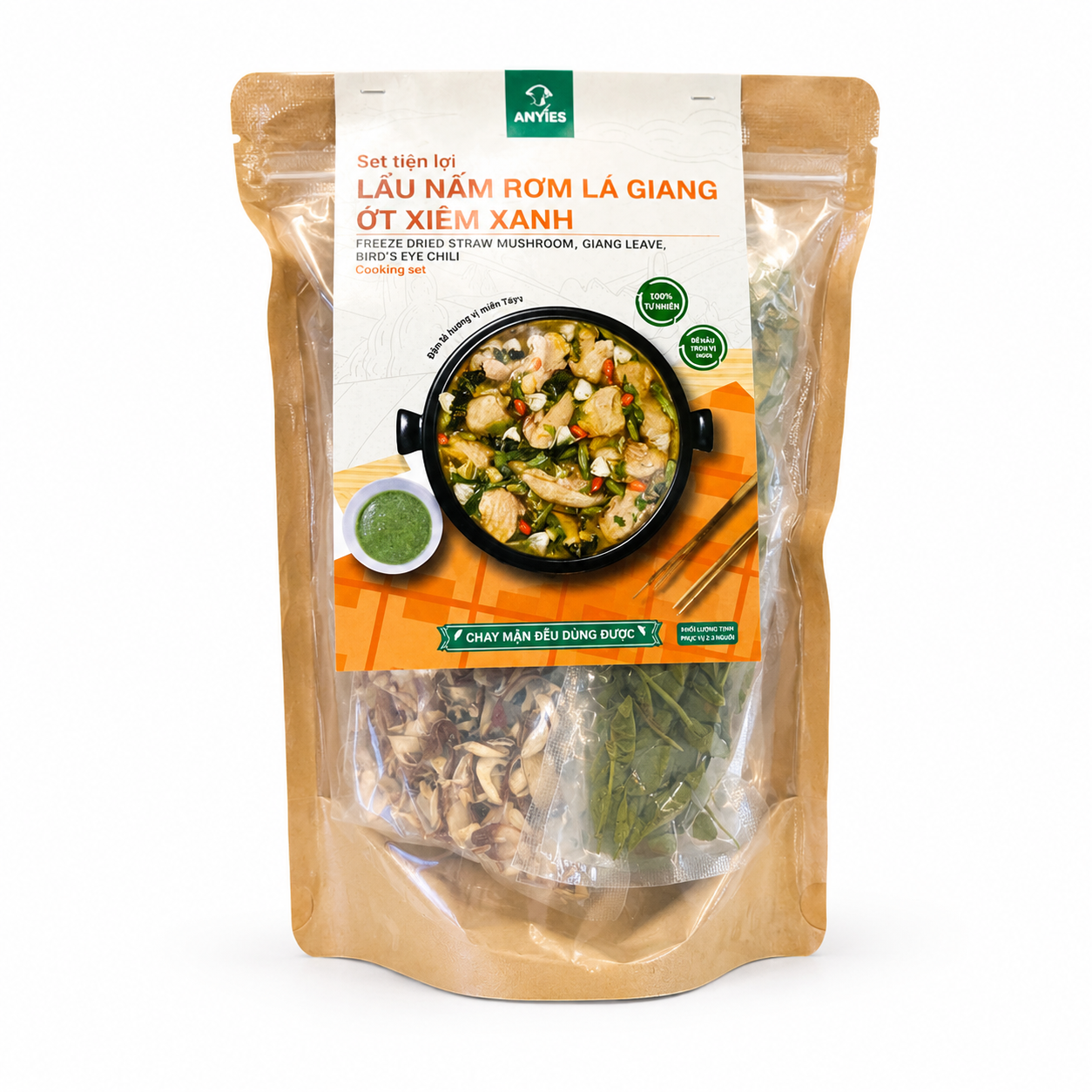 Set Lẩu Nấm Rơm Lá Giang Ớt Xiêm Xanh | Freeze Dried Straw Mushroom, Giang Leave and Bird's Eye Chili Cooking Set 65g