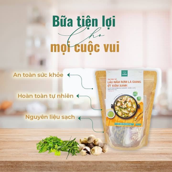 Set Lẩu Nấm Rơm Lá Giang Ớt Xiêm Xanh | Freeze Dried Straw Mushroom, Giang Leave and Bird's Eye Chili Cooking Set 65g