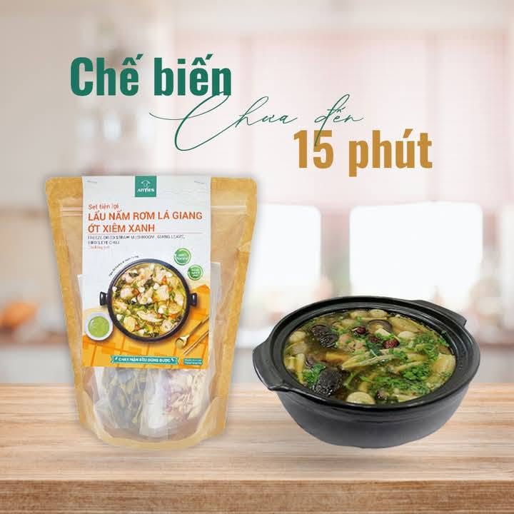 Set Lẩu Nấm Rơm Lá Giang Ớt Xiêm Xanh | Freeze Dried Straw Mushroom, Giang Leave and Bird's Eye Chili Cooking Set 65g